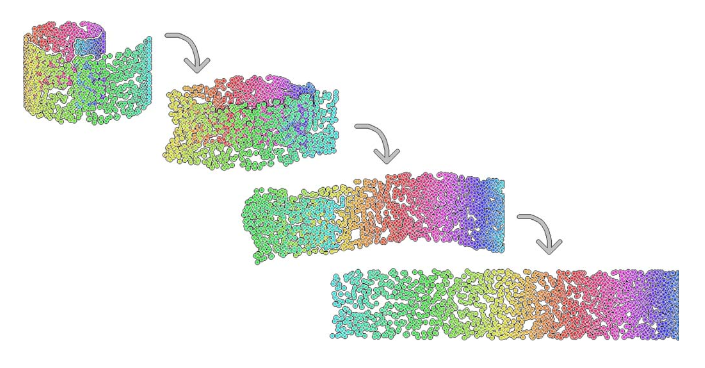 Example of a dimensionality reduction. Here we have a two-dimensional dataset embeded in a three-dimensional space (swiss roll dataset).